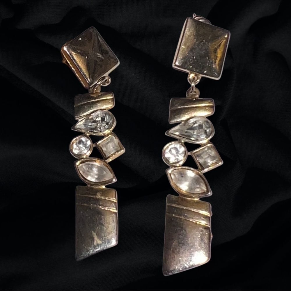Linear Crystal Geometric Drop Earrings in Gold Post Backs For Pierced Ears